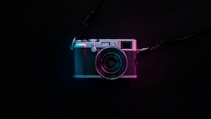 Vintage Camera, Black background, Purple light, SLR Camera, AMOLED, 4K wallpaper