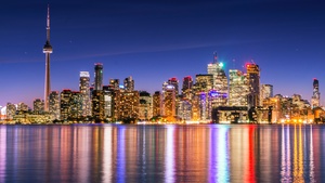 Toronto Skyline, Skyscrapers, Canada, Cityscape, Night lights, Waterfront, Dusk, Reflections, Modern architecture, Clear sky, Multicolor, 4K wallpaper