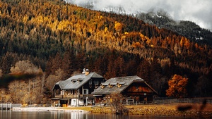 Wooden House, Lakeside, Autumn trees, Countryside, Mountain, Foggy, Glacier, Water, Landscape, 4K wallpaper