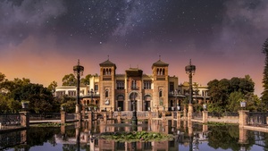 Castle, Water, Reflection, Outer space, Milky Way, Stars, Pond, Sunset, 4K wallpaper