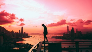 Alone, Silhouette, Cityscape, Hong Kong City, Pink sky, Skyscrapers, River, Person, Standing, Clouds, Sunset, 4K wallpaper
