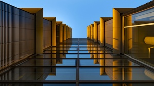 Modern architecture, Look up, Reflection, Glass building, Symmetrical, Blue, Orange, Exterior, Blue Sky, 4K wallpaper