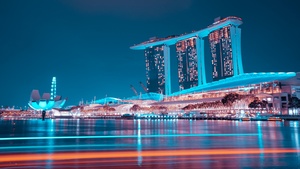 Marina Bay Sands, Hotel, Singapore, Blue hour, Night lights, Waterfront, Reflection, Modern architecture, Blue Sky, 4K wallpaper