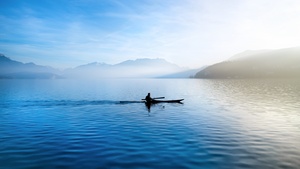 Kayak, France, Lake, River, Waterfront, Mountains, Landscape, Foggy, Blue Sky, 4K wallpaper