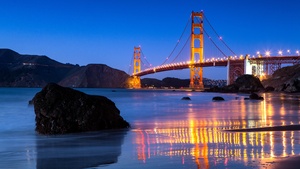 Golden Gate Bridge, Reflection, Body of Water, Night lights, Blue Sky, Clear sky, Landscape, Dusk, Rocks, 4K wallpaper