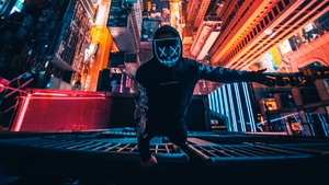 Hong Kong City, Neon Mask, Rooftop, Cityscape, Nightscape, Persons in Mask, City lights, Aerial view, Skyscrapers, 4K wallpaper