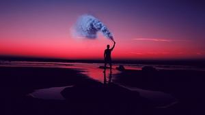 Silhouette, Seashore, Pink sky, Man, Standing, Smoke can, Sunset, Evening sky, Aesthetic, 4K wallpaper