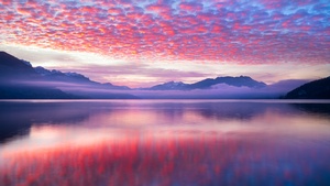 Pink clouds, Reflection, Lake, Body of Water, Mountains, Landscape, Scenery, Fog, 4K wallpaper