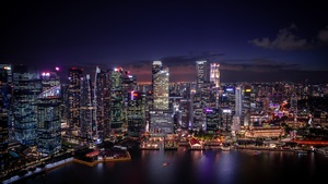 Singapore City, Cityscape, Modern architecture, Skyscrapers, Night life, City lights, Waterfront, Reflection, 4K wallpaper