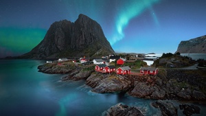 Lofoten islands, Aurora Borealis, Landscape, Night, Stars, Mountain, Blue Sky, 4K wallpaper