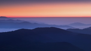 Sunset Orange, Sky view, Mountains, Foggy, Mountain range, 4K wallpaper