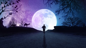 Full moon, Neon, Aesthetic, Silhouette, Running, Starry sky, Night, Road, 4K wallpaper