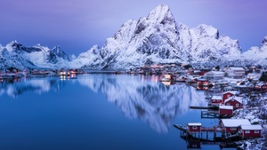 Reine, Lofoten islands, Snow mountains, Glacier, Reflection, Village, Water, Norway, Aesthetic, 4K wallpaper