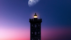 Lighthouse, Moon, Sunset, Evening, 4K wallpaper