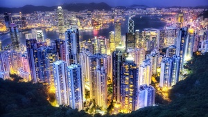Hong Kong City, Metropolis, Aerial view, Night lights, Cityscape, Sunset, Skyscrapers, Vibrant, Clouds, River, 4K wallpaper