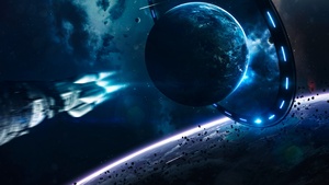 Earth, Blue planet, Rocket, Stars, Asteroids, Purple light, 4K wallpaper