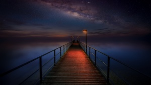 Wooden pier, Night sky, Stars, Galaxy, Milky Way, Seascape, Dark, 4K wallpaper