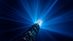 Skyscraper, Illuminated, Light beam, Look up, Modern architecture, Building, Night, Light show, Blue, 4K wallpaper