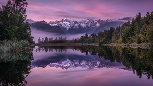 Lake Matheson, Aesthetic, New Zealand, Landscape, Mountains, Lake, Water, Winter, Reflection, Glacier, Trees, Purple sky, 4K wallpaper