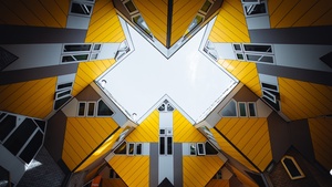 Cube houses, Rotterdam, Netherlands, Yellow, Grey, Geometrical, Symmetry, Skylight, Pattern, 4K wallpaper