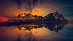 Mountains, Snow covered, Glacier, Reflection, Lake, Dawn, 4K wallpaper