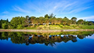 Green Trees, Blue Sky, Golf course, Pond, Water, Reflection, Green, Landscape, 4K wallpaper