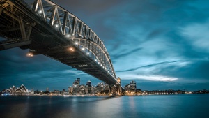 Sydney Harbour Bridge, Australia, Cityscape, River, Night lights, Blue Sky, 4K wallpaper