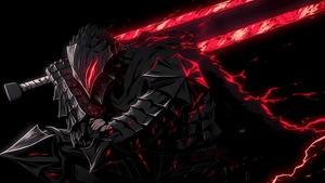 Guts, AMOLED, Berserker Armor, Black background, Knight, Sword, Dragon Slayer, 4K wallpaper