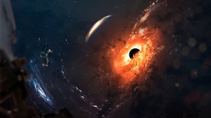 Black hole, Astronaut, Spiral galaxy, Stars, Space exploration, Orange, Space Adventure, 4K wallpaper