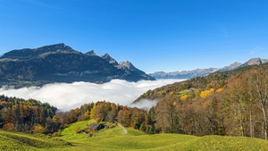 Green landscape, Mountain, Fog, Trees, Forest, House, Autumn, Grass, Blue Sky, Clear sky, Beautiful, Scenery, 4K wallpaper