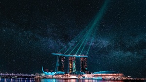 Marina Bay Sands, Night City, Hotel, Singapore, Stars, Night life, City lights, Body of Water, Reflection, Light beam, Modern architecture, Laser Lights, Astronomy, Cityscape, Dark aesthetic, 4K wallpaper