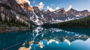Moraine Lake, Canada, Reflection, Sunset, Water, Landscape, Mountain Peaks, Snow, Scenic, Clouds, 4K wallpaper
