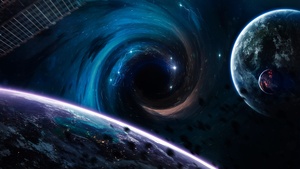 Black hole, Planets, Horizon, Asteroids, Stars, Earth, Blue, Purple, 4K wallpaper