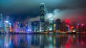 Hong Kong City, Skyline, Body of Water, Reflection, Skyscrapers, Modern architecture, Cityscape, Night lights, Scenic, 4K wallpaper