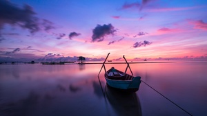 Rowing boat, Sunset, Body of Water, Beach, Reflection, Evening, Dawn, Ocean, Purple sky, Clouds, Seascape, Aesthetic, 4K wallpaper
