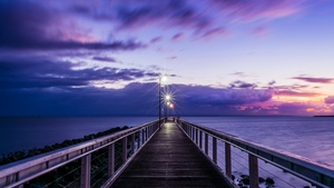 Seashore, Wooden pier, Bridge, Sunset, Purple, Dawn, Seascape, Holidays, Sky view, Horizon, Clouds, 4K wallpaper