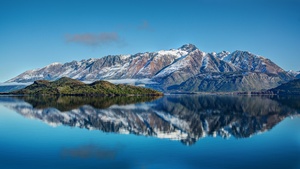 Snow mountains, Lake, Reflection, Water, Blue Sky, Landscape, Clouds, 4K wallpaper