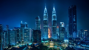 Petronas Towers, Kuala Lumpur, Malaysia, Cityscape, Night lights, Blue, Modern architecture, Skyscrapers, 4K wallpaper