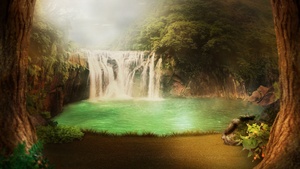 Surreal, Waterfall, Forest, Mystery, Lake, Scenic, Foggy, 4K wallpaper