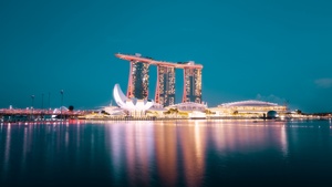 Marina Bay Sands, Reflection, Hotel, Singapore, Blue hour, Night life, City lights, Body of Water, Modern architecture, Cityscape, Blue Sky, 4K wallpaper