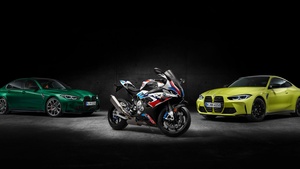 BMW M 1000 RR, BMW M3 Competition, BMW M4 Competition, Race bikes, Sports bikes, 2021, Black background, 4K wallpaper
