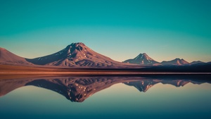 Salt Lake, Chile, Mountains, Blue Sky, Reflection, Body of Water, Mountain range, Volcano, Landscape, Sunset, 4K wallpaper