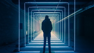 Vanishing point, Blue Lights, Person, Geometric, Shape, Patterns, Symmetrical, Indoor, 4K wallpaper