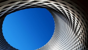 Modern architecture, Patterns, Geometrical, Blue Sky, Looking up at Sky, Circle, Texture, 4K wallpaper