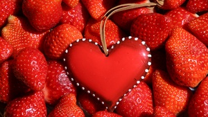 Red heart, Strawberries, Fruits, Fresh, Red background, 4K wallpaper