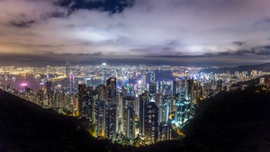 Hong Kong City, Skyline, River, Night time, Skyscrapers, Clouds, Cityscape, 4K wallpaper