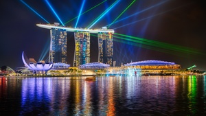 Marina Bay Sands, Light show, Singapore, Laser Lights, Colorful, River, Reflections, Cityscape, Night, 4K wallpaper