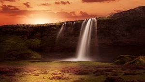 Waterfalls, Sunrise, Orange sky, Clouds, Grass Landscape, Rock, 4K wallpaper