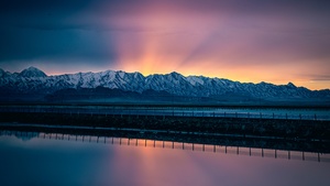 Snow mountains, Landscape, Sunrise, Water, Reflection, Scenery, Reflection, Mountain range, Clear sky, 4K wallpaper