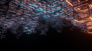 Cubes, Structure, Black background, Neon, Lighting, Hanging, Metal, 4K wallpaper